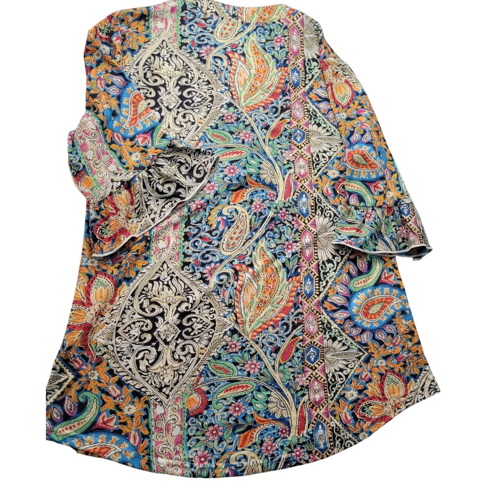 BOHO Paisley Print Ruffle Bell Sleeve Pearl Button Split Neck Top Sz Med NEW - Picture 13 of 14